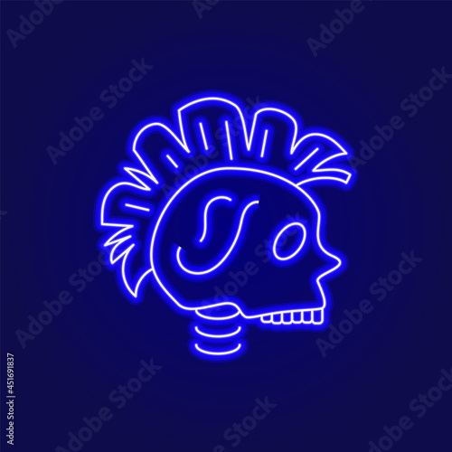 Cyberpunk skull with mohawk outline icon. Futuristic robot with mohawk. Blue neon symbol