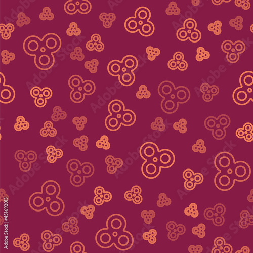 Brown line Fidget spinner icon isolated seamless pattern on red background. Stress relieving toy. Trendy hand spinner. Vector