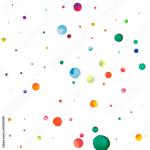 Watercolor confetti on white background. Actual rainbow colored dots. Happy celebration square colorful bright card. Eminent hand painted confetti.