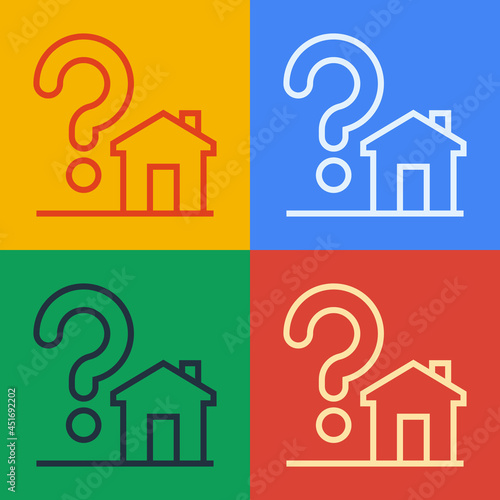 Pop art line House with question mark icon isolated on color background. Housing problems, questions. Vector