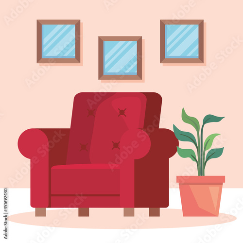 red sofa and houseplant