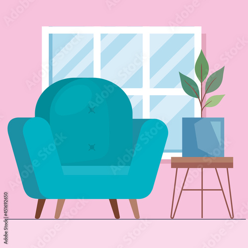 green sofa and houseplant