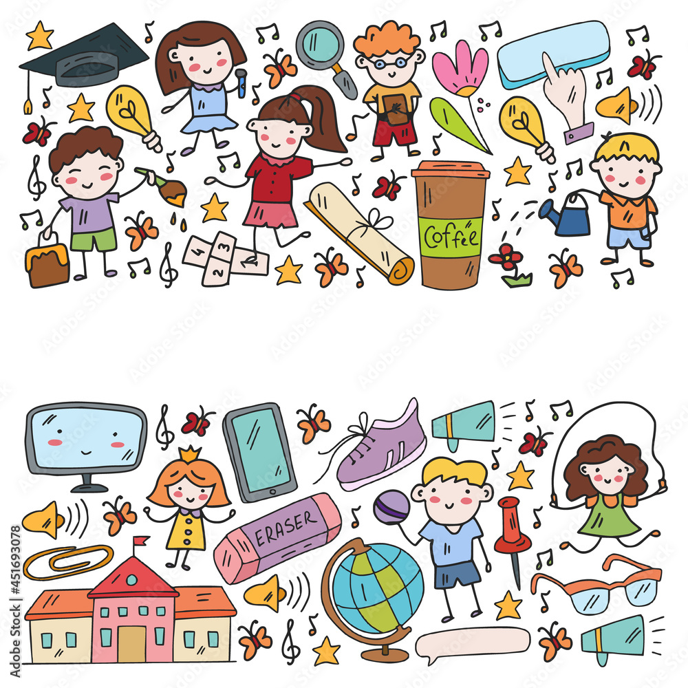 Vector pattern. School and online education. Little boys and girls play and grow together. Online education. Vector pattern. School and online education. Little boys and girls play and grow together. Online education.