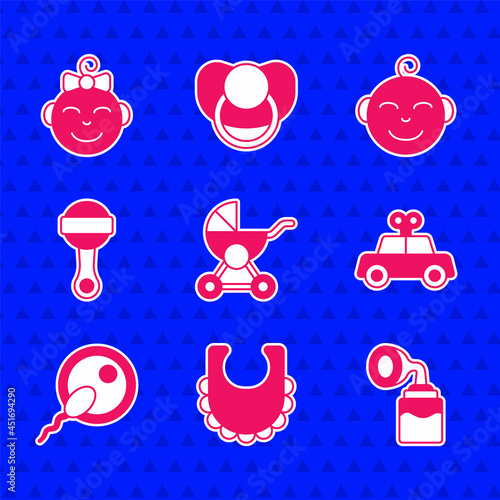Set Baby stroller, bib, Breast pump, Toy car, Sperm, Rattle baby toy, Little boy head and girl icon. Vector