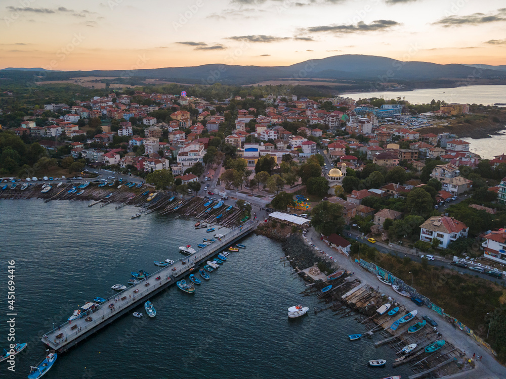 Aerial sunset panorama town of Ahtopol, Bulgaria