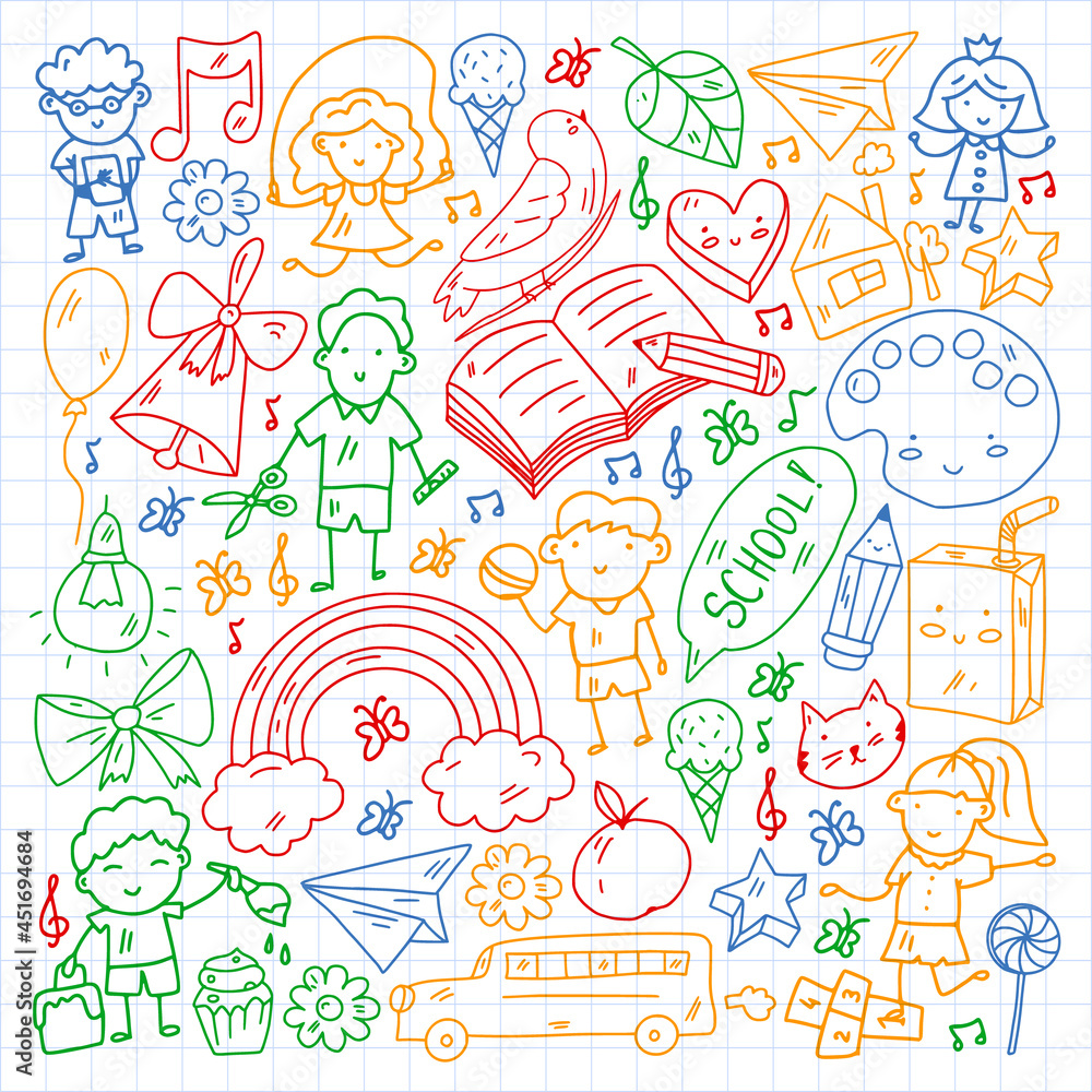 Vector pattern. School and online education. Little boys and girls play and grow together. Online education. Vector pattern. School and online education. Little boys and girls play and grow together. Online education.