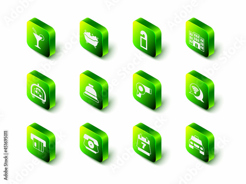 Set Bathtub, Please do not disturb, Hotel building, Wi-Fi wireless internet, Taxi car, Hair dryer, booking calendar and Telephone handset icon. Vector