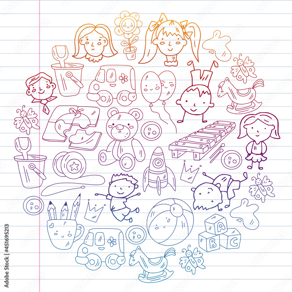 Fototapeta premium School, kindergarten with cute vector children. Dancing, singing, painting, online education. Creativity and imagination.