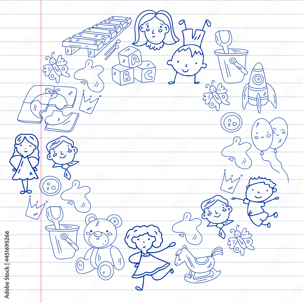 Fototapeta premium School, kindergarten with cute vector children. Dancing, singing, painting, online education. Creativity and imagination.