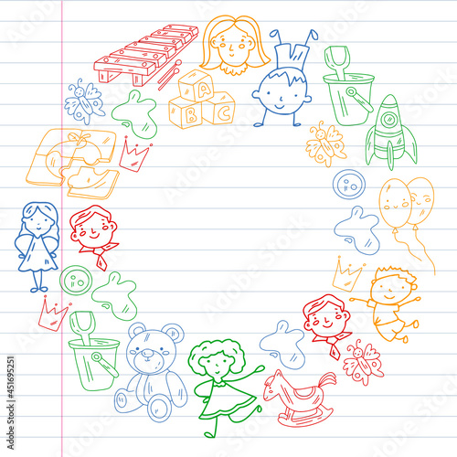 School, kindergarten with cute vector children. Dancing, singing, painting, online education. Creativity and imagination.