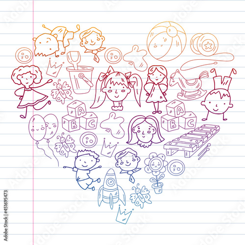 School, kindergarten with cute vector children. Dancing, singing, painting, online education. Creativity and imagination.