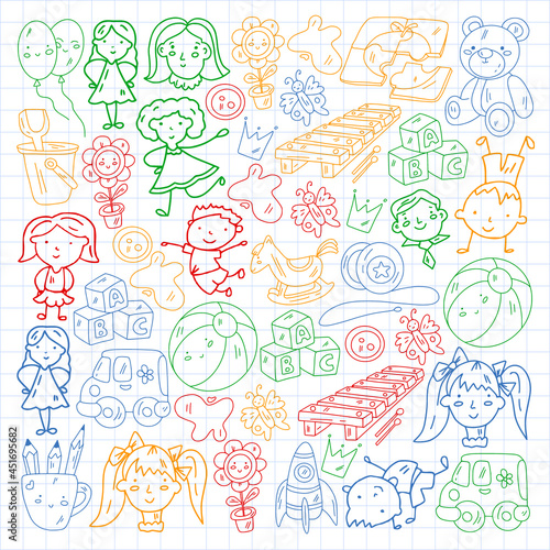 School, kindergarten with cute vector children. Dancing, singing, painting, online education. Creativity and imagination.