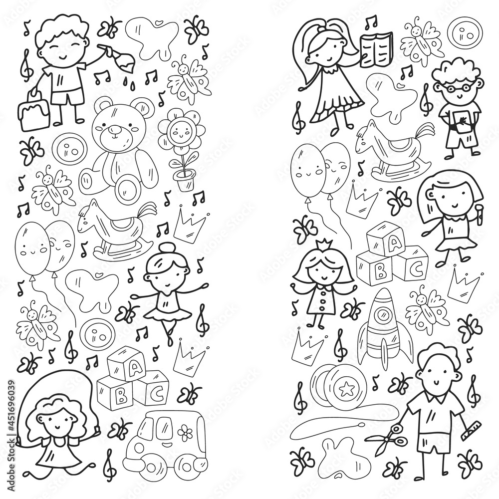 School, kindergarten with cute vector children. Dancing, singing, painting, online education. Creativity and imagination. School, kindergarten with cute vector children. Dancing, singing, painting, online education. Creativity and imagination.