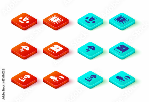 Set Jesus Christ, Goblet and bread, God's helping hand, Holy bible book, Online church pastor preaching and Christian chalice icon. Vector