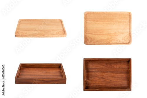 Set of Wooden tray  isolated on white background photo