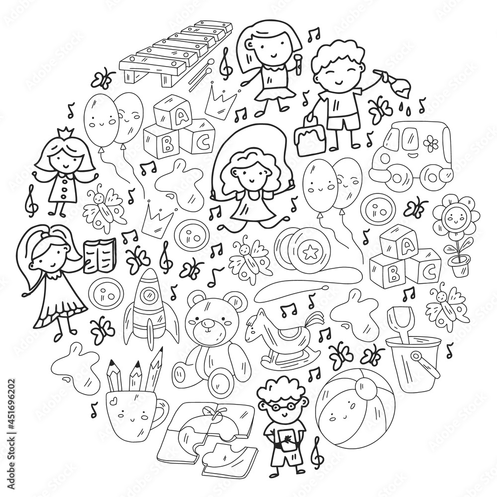 School, kindergarten with cute vector children. Dancing, singing, painting, online education. Creativity and imagination. School, kindergarten with cute vector children. Dancing, singing, painting, online education. Creativity and imagination.