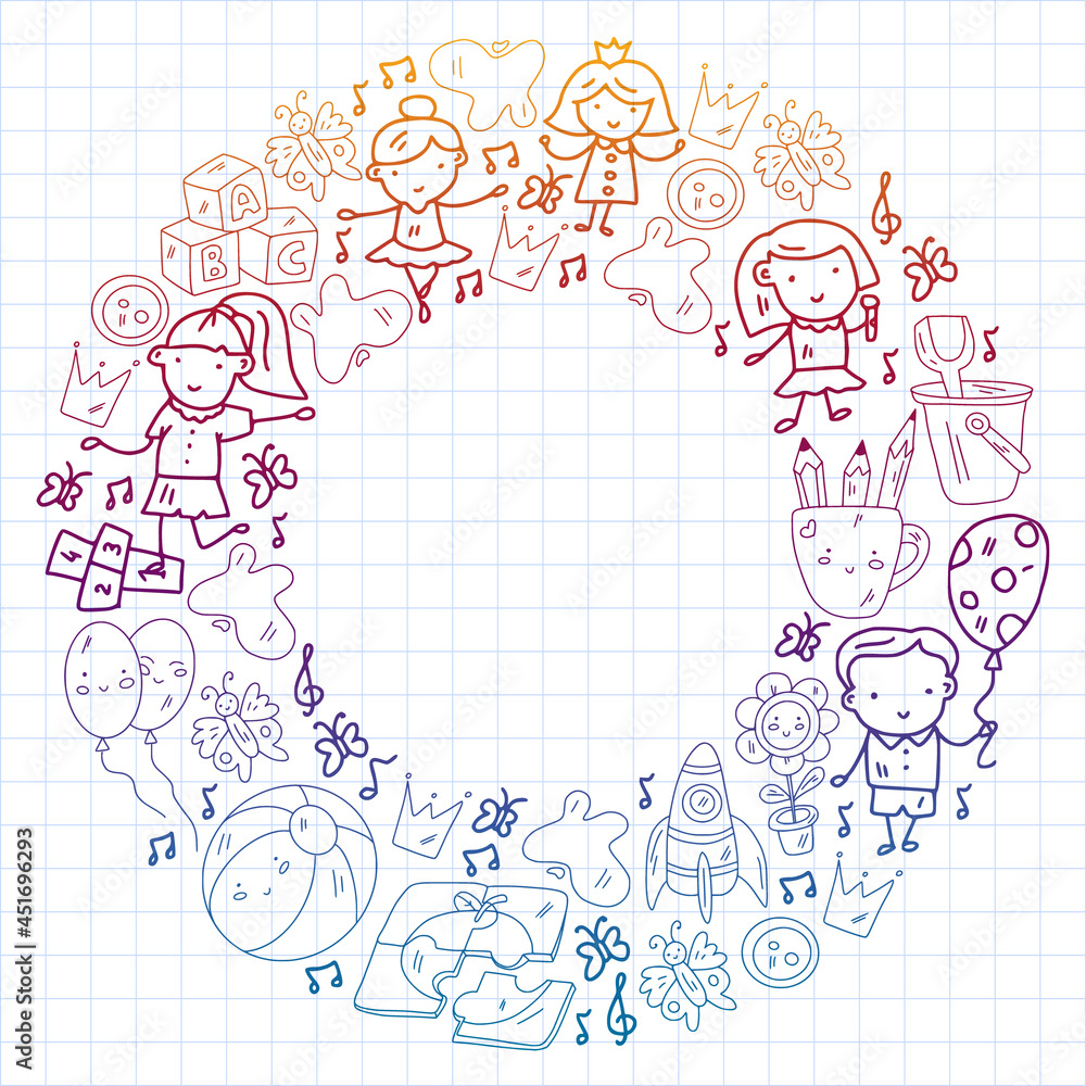 Vector pattern. Kindergarten and toys. Little children game. Kids playground. Education, creativity, imagination. Vector pattern. Kindergarten and toys. Little children game. Kids playground. Education, creativity, imagination.