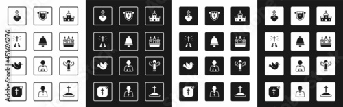 Set Church building, bell, Hands praying position, Religious cross heart, Burning candle candlestick, Flag with christian, Angel and Dove icon. Vector