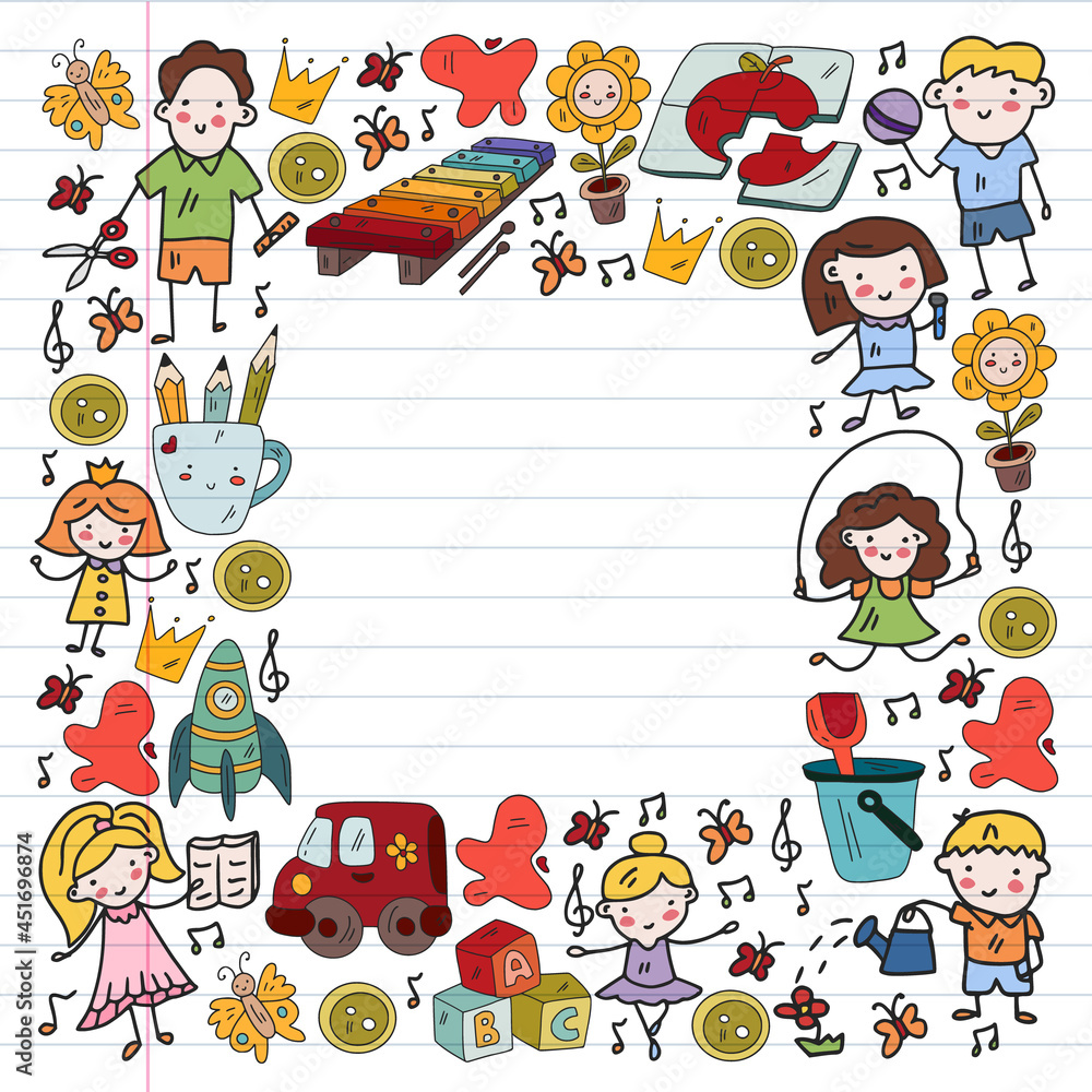 Vector pattern. Kindergarten and toys. Little children game. Kids playground. Education, creativity, imagination. Vector pattern. Kindergarten and toys. Little children game. Kids playground. Education, creativity, imagination.
