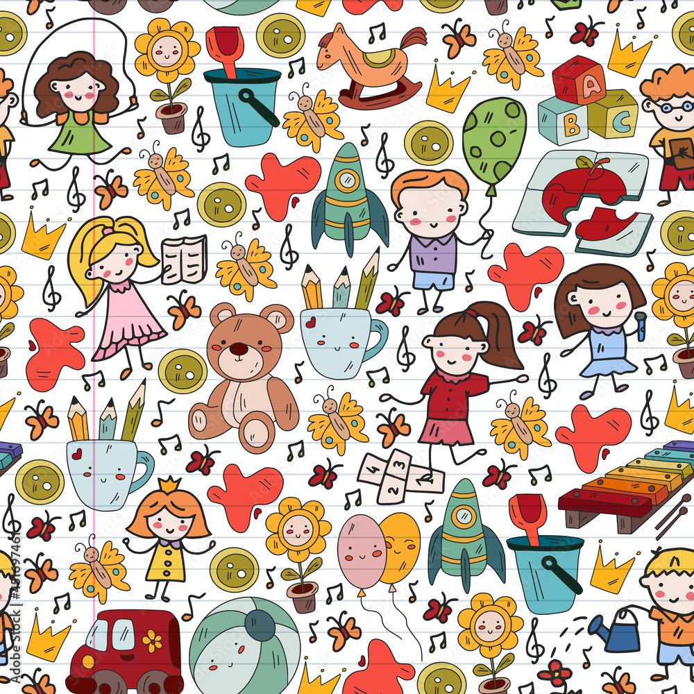 Fototapeta premium Vector pattern. Kindergarten and toys. Little children game. Kids playground. Education, creativity, imagination.