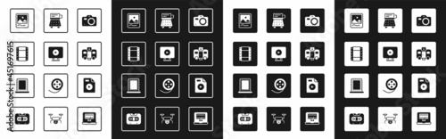 Set Photo camera, Online play video, Play Video, frame, Actor trailer, Retro typewriter, AVI file document and Makeup mirror with lights icon. Vector