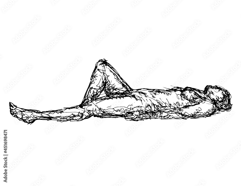 Doodle art illustration of a nude female human figure in supine pose or lying down done in continuous line drawing style in black and white on isolated background.