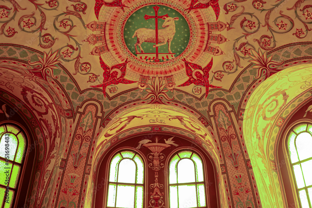 An interior view of the decorative ceiling in the Basilica of St. Anne de Beaupre, Quebec.