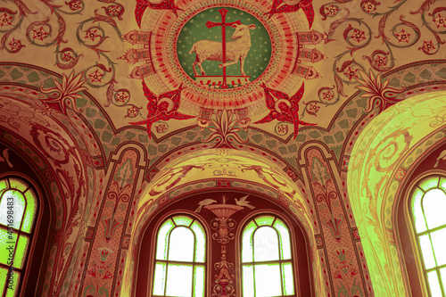 An interior view of the decorative ceiling in the Basilica of St. Anne de Beaupre, Quebec. © John