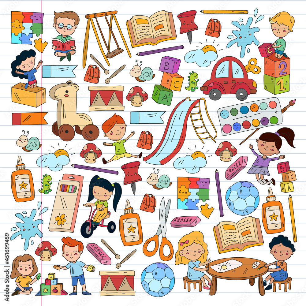 Children play with toys in the kindergarten. Kids playground. Education, creativity, imagination.