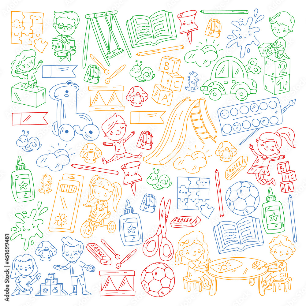Children play with toys in the kindergarten. Kids playground. Education, creativity, imagination. Children play with toys in the kindergarten. Kids playground. Education, creativity, imagination.