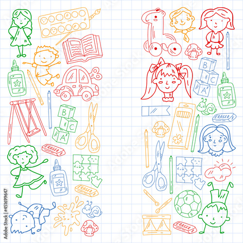Children play with toys in the kindergarten. Kids playground. Education, creativity, imagination.