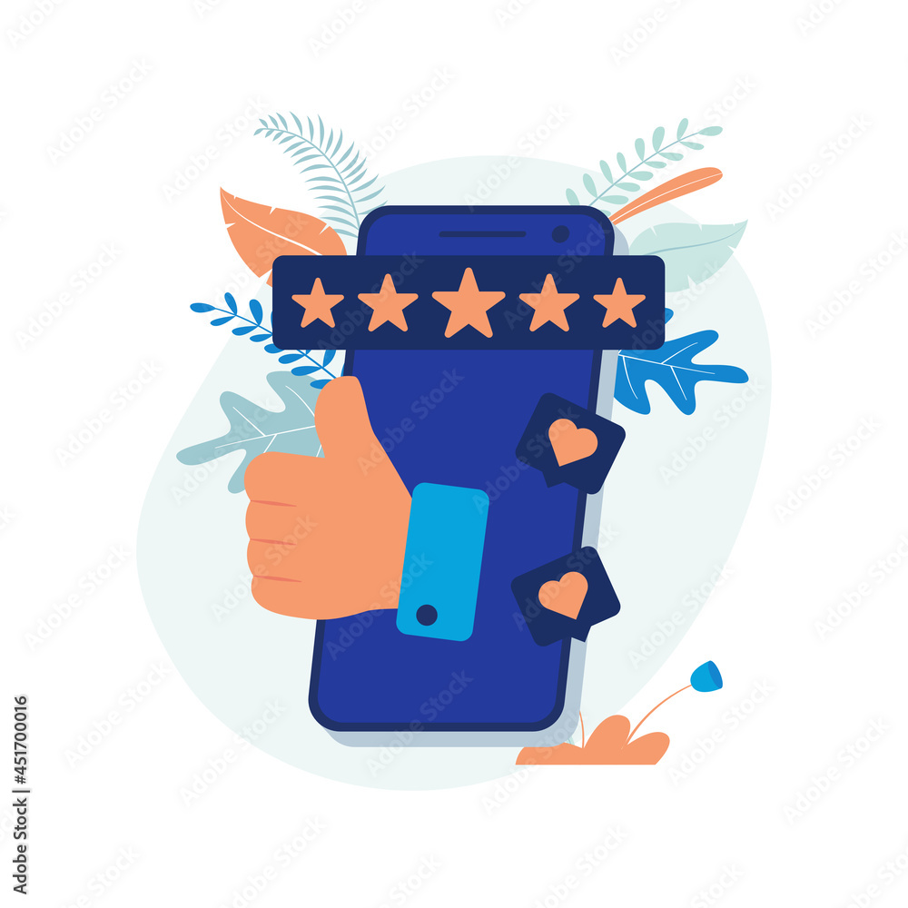 Fototapeta premium Illustration concept of feedback. smartphone, mobile app, rating, review, feedback. Flat illustration vector suitable for many purposes.
