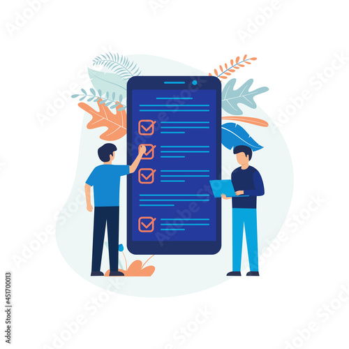 Illustration concept of online survey. business, checklist, businessman, survey, phone, online survey. Flat illustration vector suitable for many purposes.