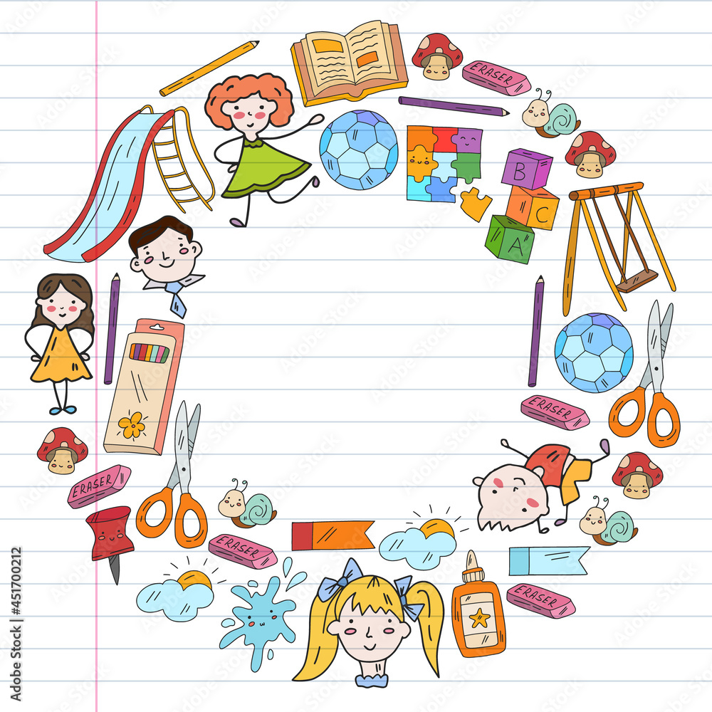 Naklejka premium Children play with toys in the kindergarten. Kids playground. Education, creativity, imagination.