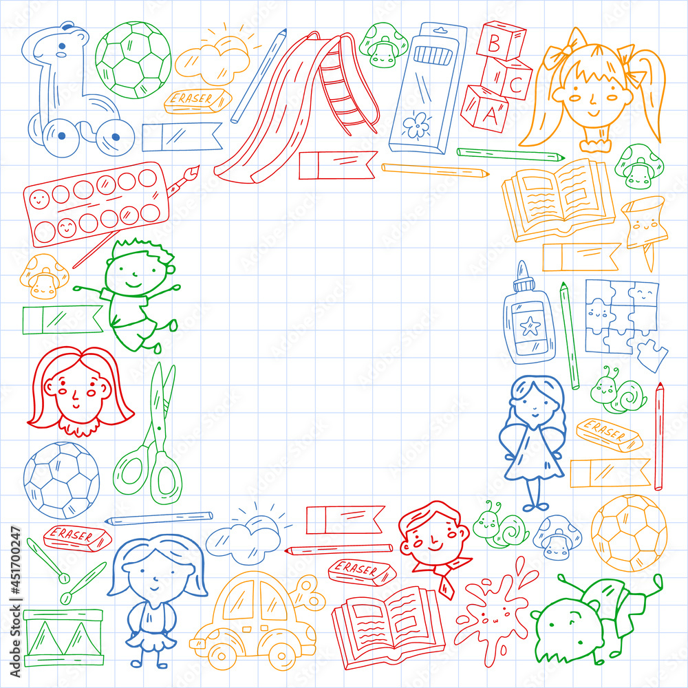 Children play with toys in the kindergarten. Kids playground. Education, creativity, imagination.