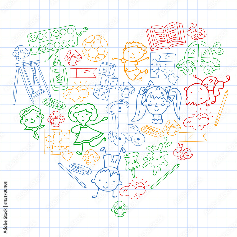 Children play with toys in the kindergarten. Kids playground. Education, creativity, imagination. Children play with toys in the kindergarten. Kids playground. Education, creativity, imagination.