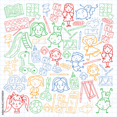 Children play with toys in the kindergarten. Kids playground. Education, creativity, imagination.