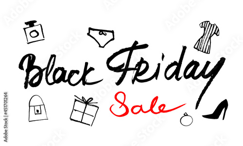 Vector banner Black Friday for women. Gift  clothing  cosmetics. Cursive. Black and red on a white background. Doodle. Calligraphic style. Ink style. Hand drawing