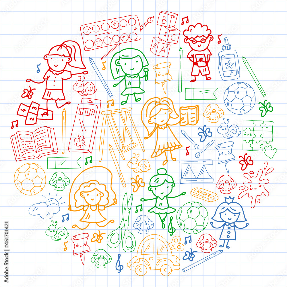 Fototapeta premium Children play with toys in the kindergarten. Kids playground. Education, creativity, imagination.