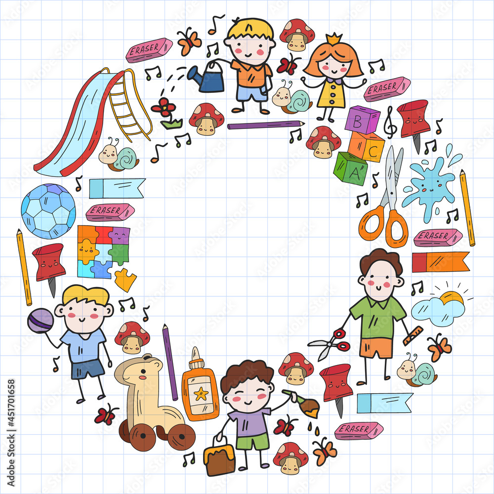 Children play with toys in the kindergarten. Kids playground. Education, creativity, imagination. Children play with toys in the kindergarten. Kids playground. Education, creativity, imagination.