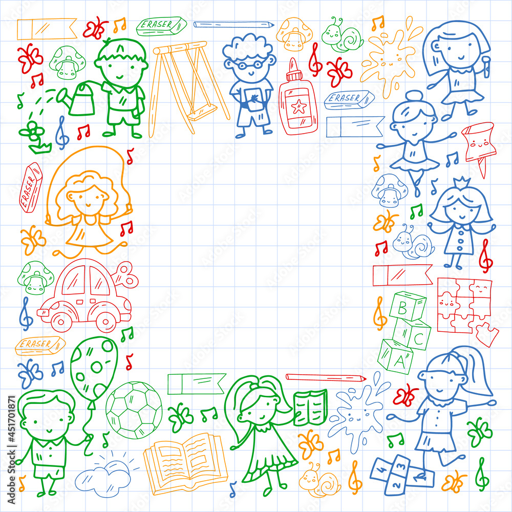 Children play with toys in the kindergarten. Kids playground. Education, creativity, imagination.