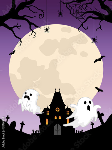 ハロウィン背景　お化け屋敷と幽霊と満月