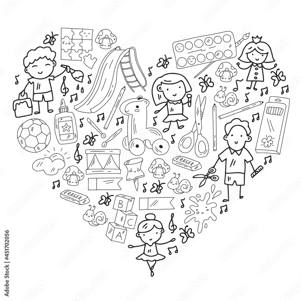 Children play with toys in the kindergarten. Kids playground. Education, creativity, imagination. Children play with toys in the kindergarten. Kids playground. Education, creativity, imagination.