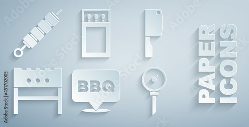 Set Barbecue, Meat chopper, BBQ brazier, Kitchen thermometer, Matchbox and matches and Grilled shish kebab icon. Vector
