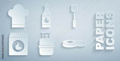 Set Propane gas tank, Barbecue spatula, coal bag, Steak meat, Tabasco sauce and Chef hat icon. Vector