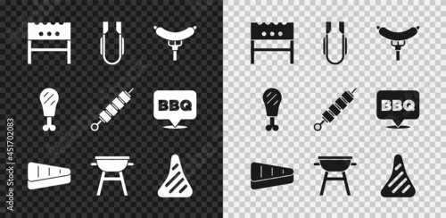 Set BBQ brazier, Meat tongs, Sausage the fork, Steak meat, Barbecue grill, Chicken leg and Grilled shish kebab icon. Vector
