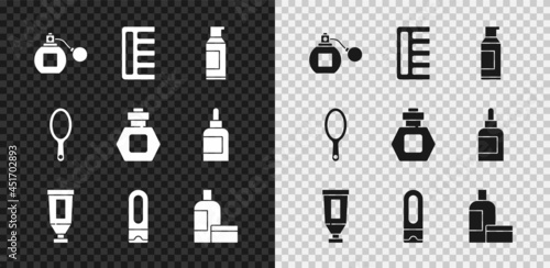 Set Perfume, Hairbrush, Spray can for hairspray, Cream lotion cosmetic tube, Bottle of shampoo, Hand mirror and icon. Vector