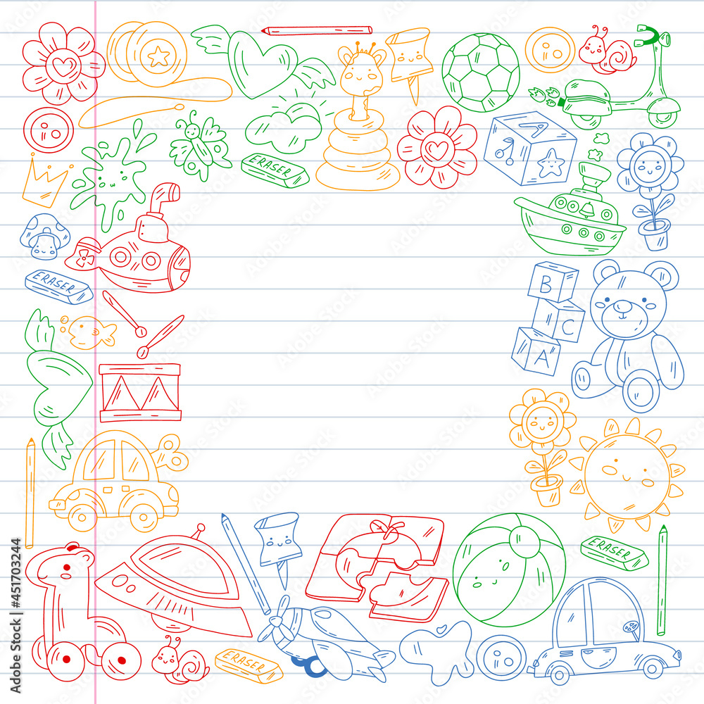 Children play with toys in the kindergarten. Kids playground. Education, creativity, imagination.