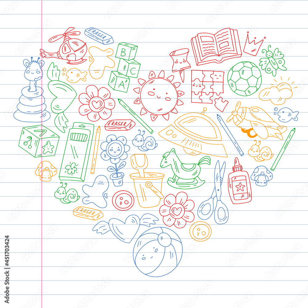 Children play with toys in the kindergarten. Kids playground. Education, creativity, imagination. Children play with toys in the kindergarten. Kids playground. Education, creativity, imagination.
