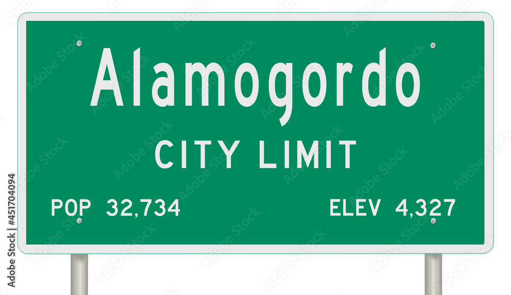 Rendering of a green New Mexico highway sign with city information